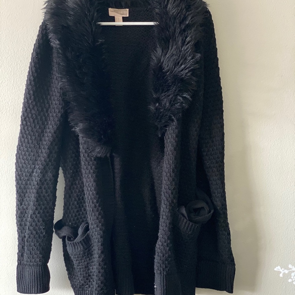 Black Fur Collar Cardigan